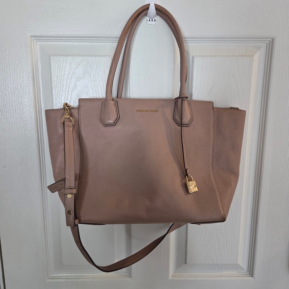 Michael Kors Mercer Large Pebbled Leather Satchel Mauve Pink Gold Hardware Tote